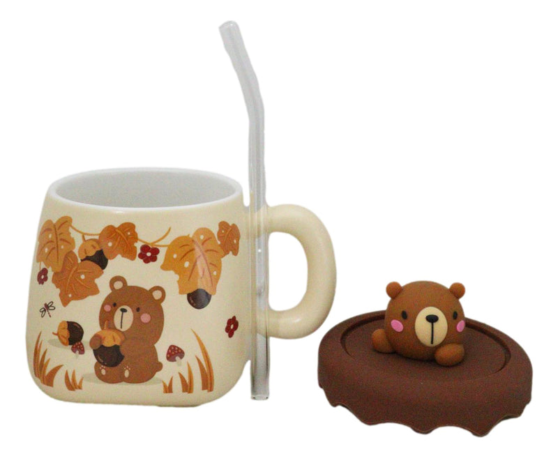 Whimsical Autumn Leaves Brown Bear Cub Ceramic Mug With Silicone Lid And Straw