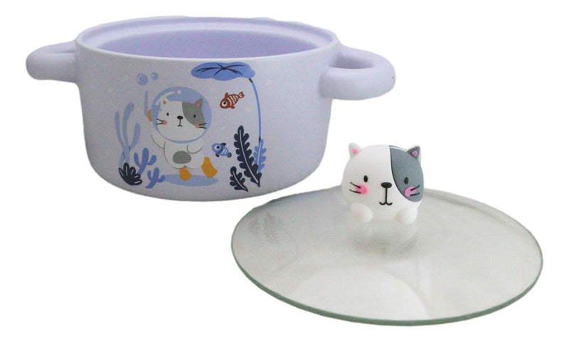 Ceramic Lilac Calico Cat Sea Diver 30oz Noodle Dessert Food Bowl W/ Glass Lid