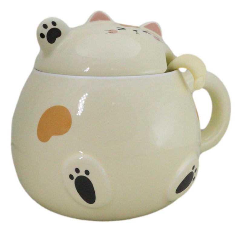 Whimsical Yellow Chubby Feline Kitty Cat Cup Mug With Lid And Stirring Spoon