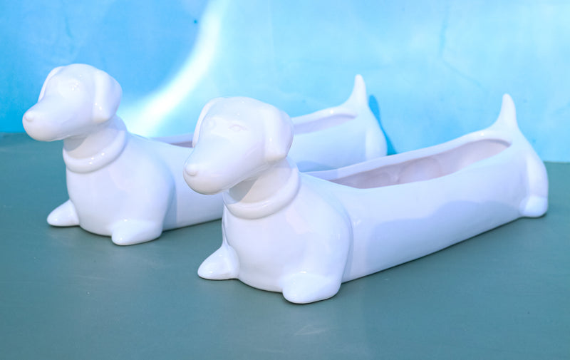 Pack Of 2 Dachshund Dog White Ceramic Serving Platter Plate Cracker Dish Trays