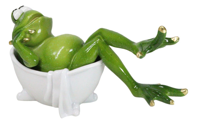 Green Frog with Golden Nails Soaking in Bath Tub While Daydreaming Figurine