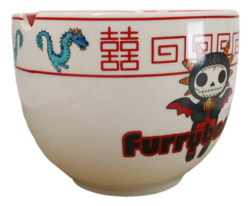 Furrybones Scorchie Dragon Skeleton White Porcelain Bowl With Chopsticks Set