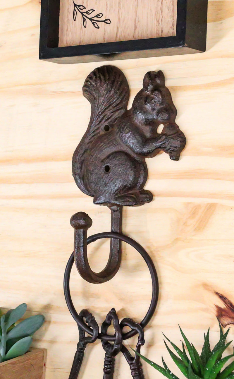 Rustic Western Cast Iron Tree Squirrel With Acorns Wall Coat Hooks