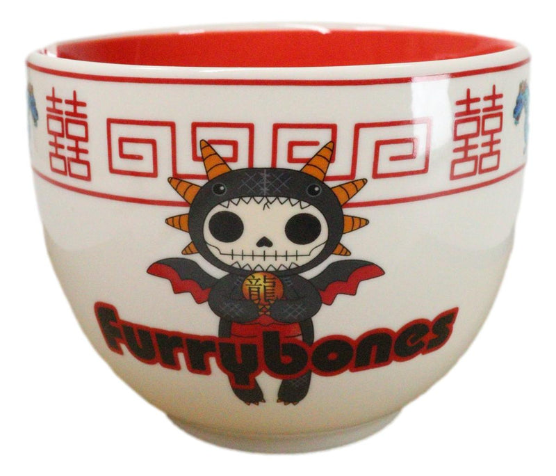 Furrybones Scorchie Dragon Skeleton White Porcelain Bowl With Chopsticks Set