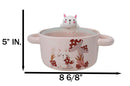 Ceramic Pink Rabbit In Mushroom Forest 30oz Noodle Dessert Bowl W/ Glass Lid