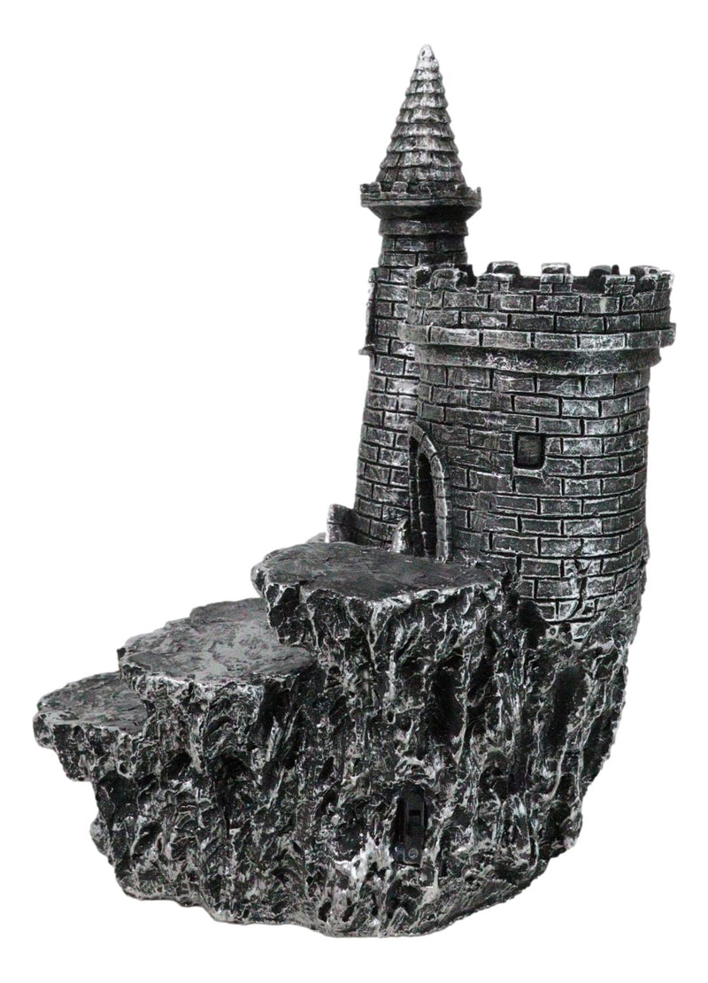 Medieval Stonewall Castle Fortress On Rock Steppes Display Stand W/ LED Figurine