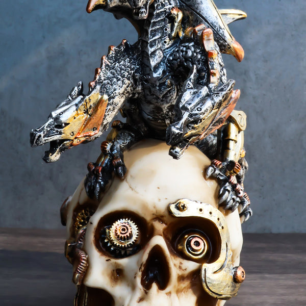 Steampunk Cyborg Skull with Perching Robotic Silver Hydra Dragon