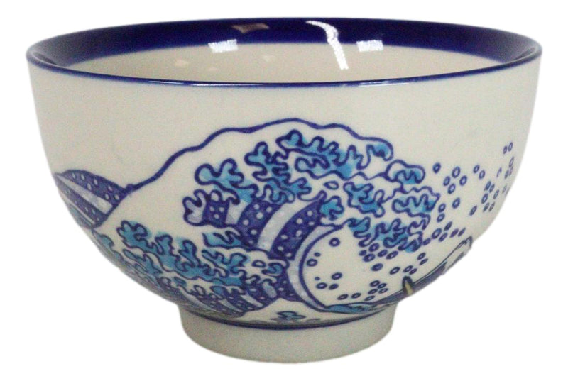 Pack Of 4 Blue Japanese Hokusai Great Wave Design Ceramic Thick Large Rice Bowls