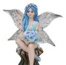 Blue Pansy Flower Fairy With Butterfly Wings Sitting On Mushroom Figurine 7"H