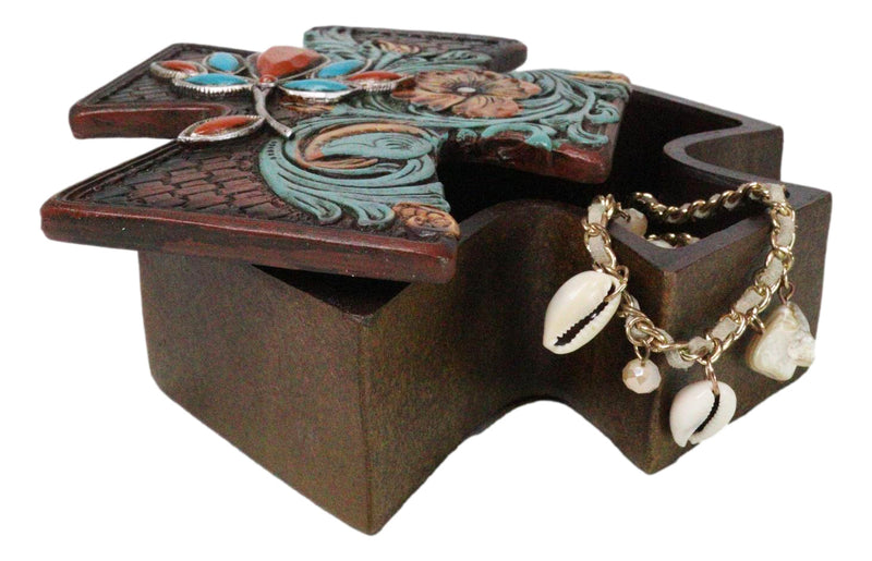 Rustic Western Turquoise Floral Scroll Faux Leather Cross Jewelry Trinket Box