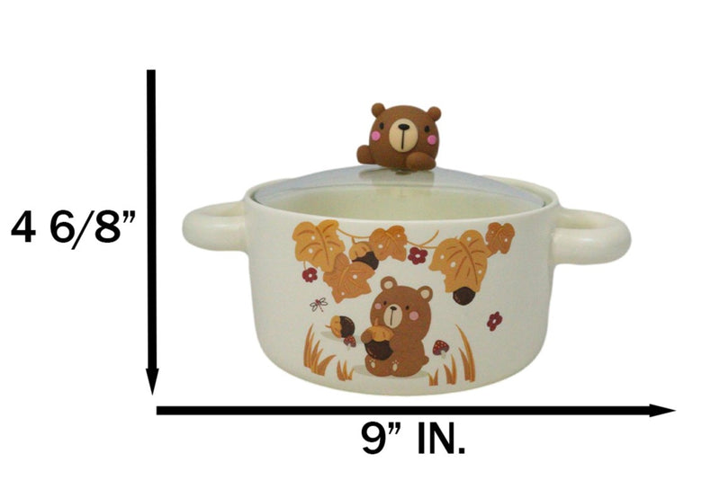 Autumn Brown Bear With Acorns Donburi Ramen Soup Bowl With Glass Lid And Handles