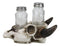 Rustic Western Cow Skull With Roped Horns Salt Pepper Glass Shakers & Holder Set