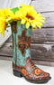 Southwestern Turquoise Tribal Aztec Patterns Faux Leather Cowboy Boot Vase