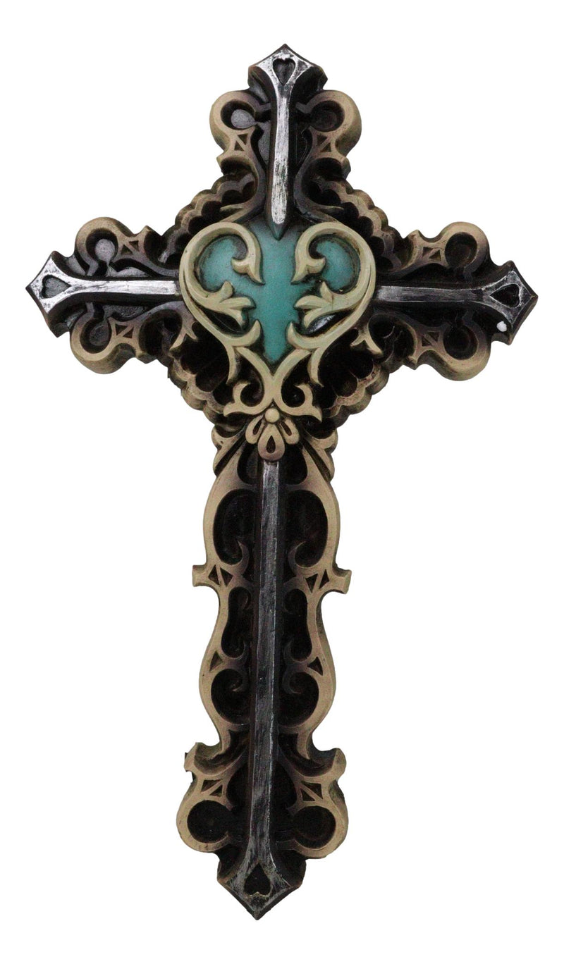 Rustic Turquoise Heart With Floral Scrollwork And Heart Spike Nails Wall Cross