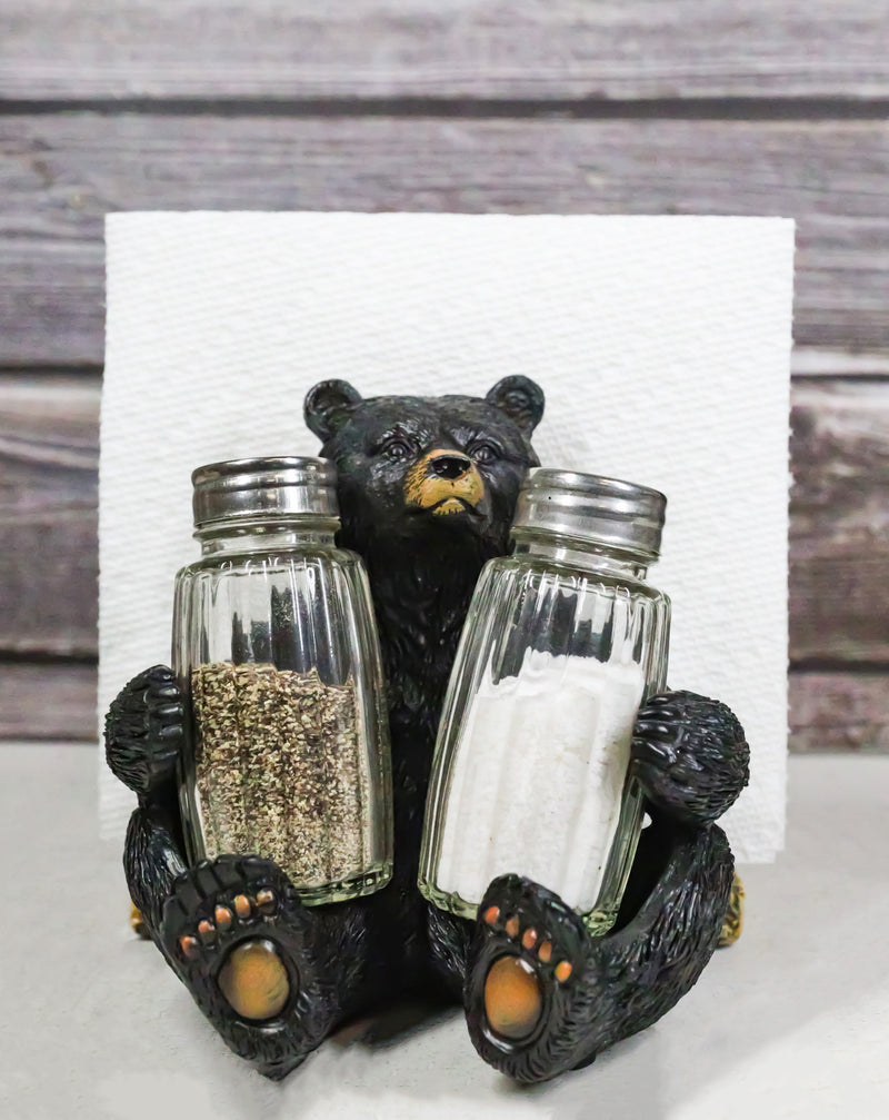 Forest Black Bear By Wooden Lodge Napkin And Glass Salt Pepper Shakers Holder