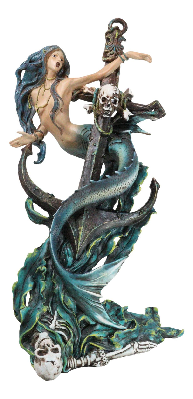 Siren Mermaid Holding Ship Anchor with Skulls On Ocean Waves Home Decor Figurine