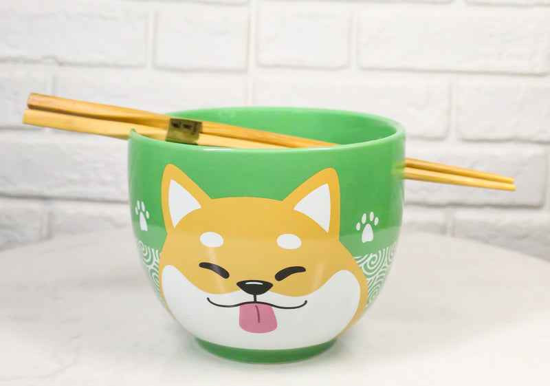 Green Japanese Shiba Inu Dog Ceramic Donburi Ramen Soup Bowl With Chopsticks Set