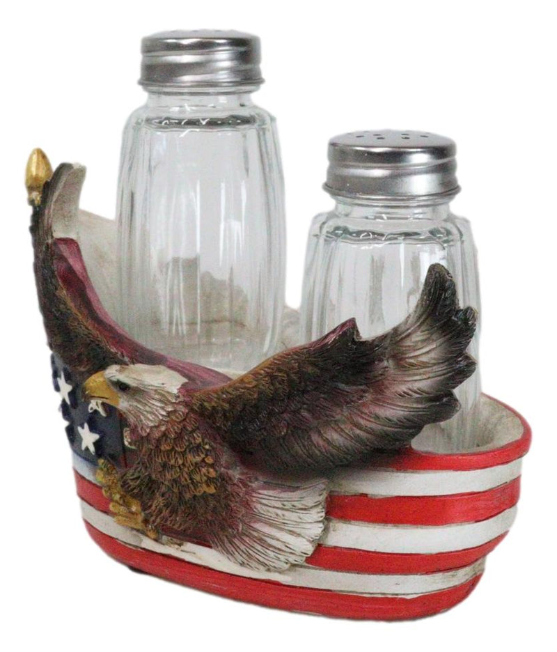 Patriotic Star Spangled Banner US Flag Bald Eagle Salt And Pepper Shakers Holder