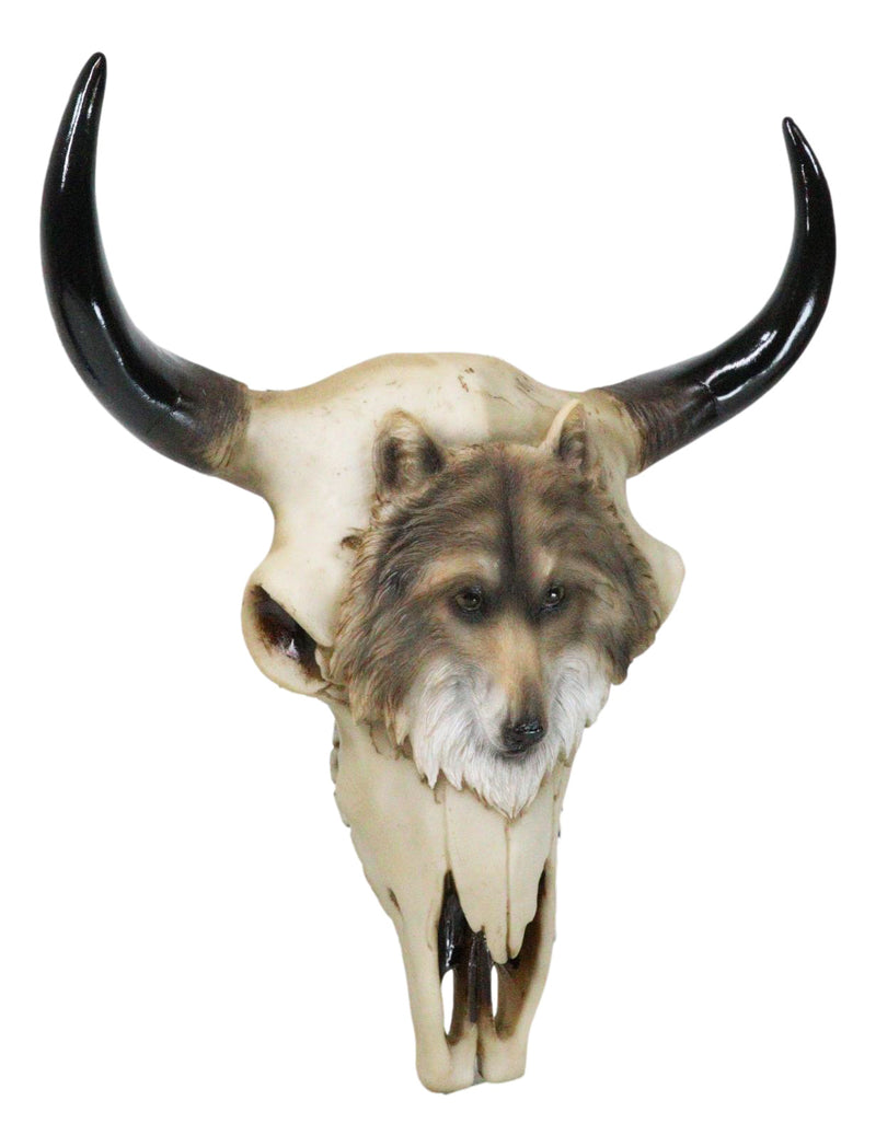 Rustic Western Tribal Buffalo Bull Cow Skull With Gray Wolf Carving Wall Decor