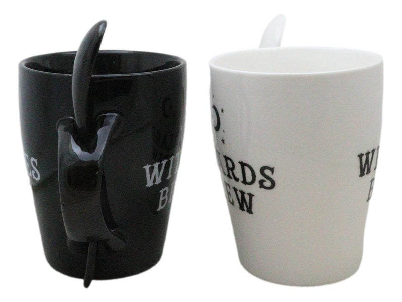 Set Of 2 Wicca Moons Black Witches And White Wizards Brew Cup Mugs And Spoons