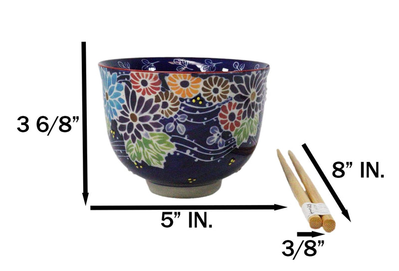 Purple Colorful Flowers In Wind Ceramic Donburi Ramen Bowl With Chopsticks Set