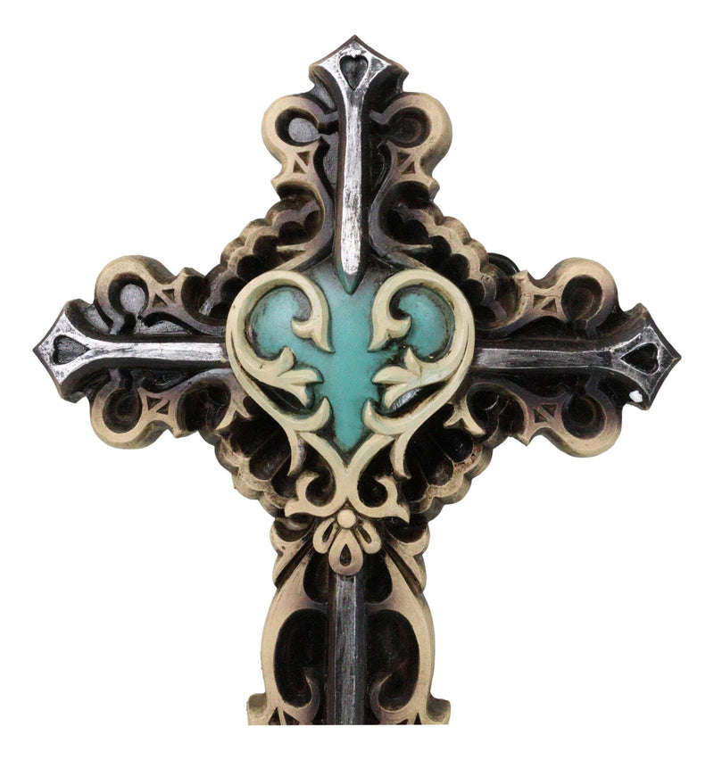 Rustic Turquoise Heart With Floral Scrollwork And Heart Spike Nails Wall Cross