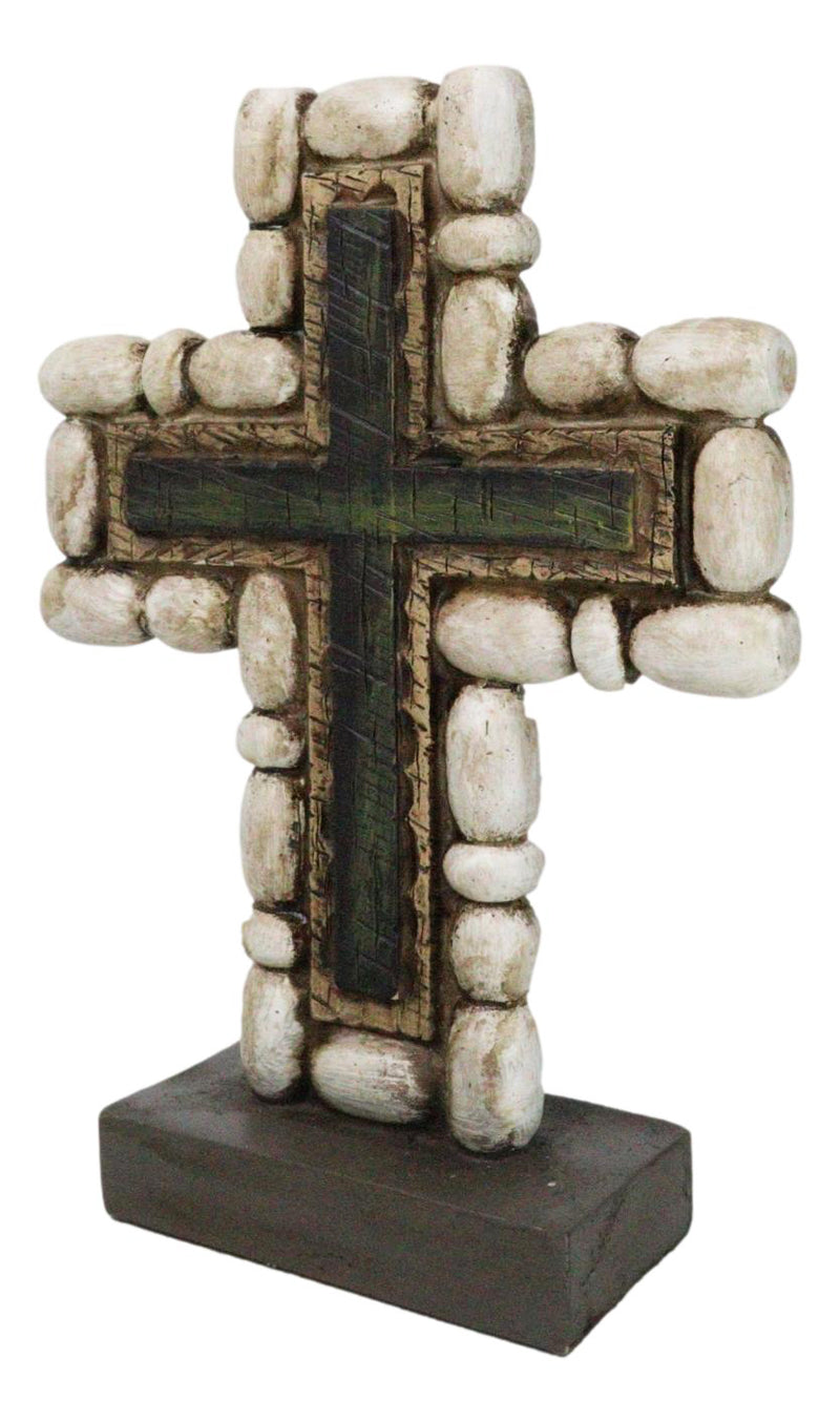 Christian Standing Layered Cross With Rustic Pebble Rocks Faux Wood Finish