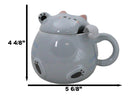 Whimsical Grey Chubby Feline Kitty Cat Cup Mug With Lid And Stirring Spoon