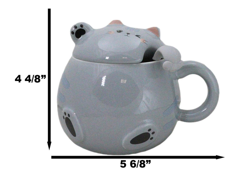 Whimsical Grey Chubby Feline Kitty Cat Cup Mug With Lid And Stirring Spoon