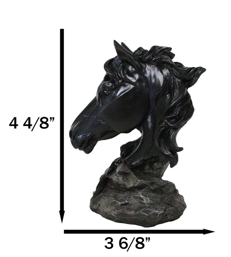 Wild and Free Black Stallion Equine Horse Bust On Rocky Pillar Base Figurine