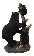 Rustic Forest Black Bear Mother and Her Cubs Climbing On Tree Trunk Figurine