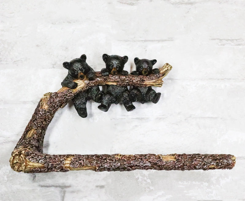 Rustic Western Black Bear Cubs Hanging On Tree Branch Hand Towel Holder Bar