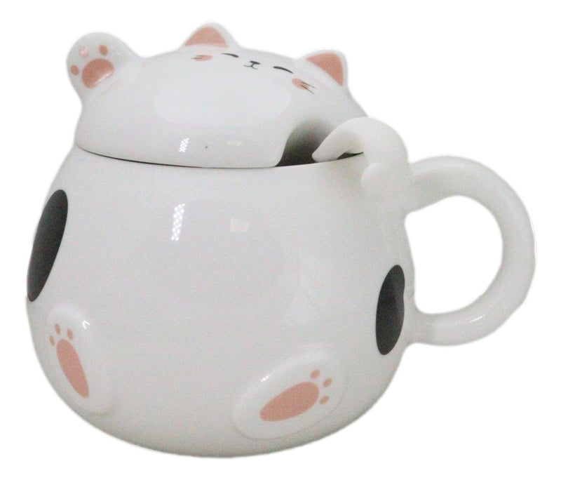 Whimsical White Chubby Feline Kitty Cat Cup Mug With Lid And Stirring Spoon