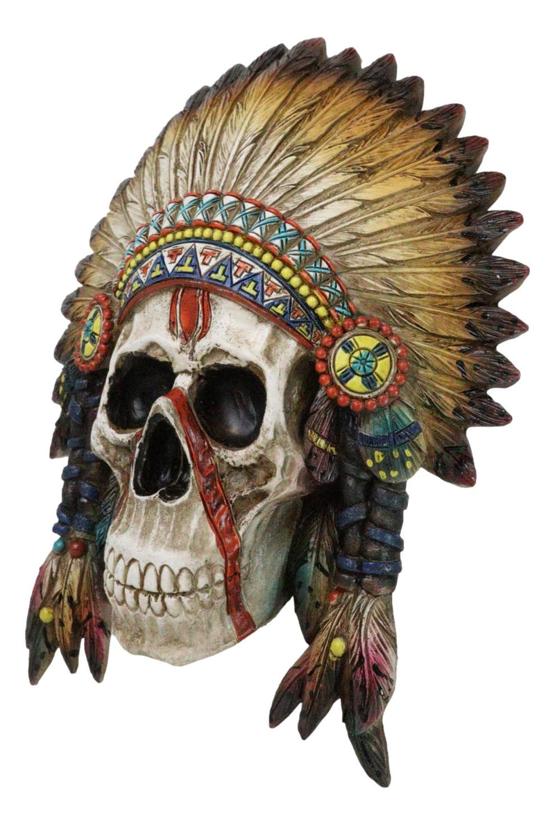 Native American Indian Chief Warpath Skull with Headdress Wall Decor Plaque