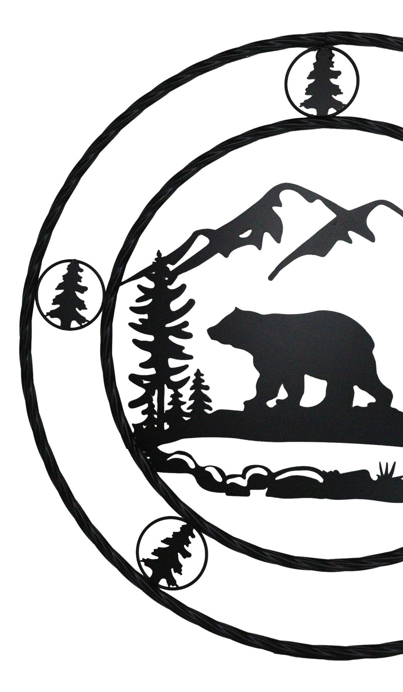 24"Dia Rustic Western Black Bear By Mountains Pine Forest Metal Wall Circle Sign