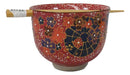 Colorful Spring Flowers Ceramic Donburi Ramen Soup Red Bowl With Chopsticks Set