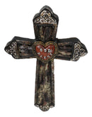 Rustic Western Faux Distressed Wood God Bless Heart Silver Scroll Wall Cross 12"