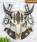 Rustic Western 3 Cowboys On Horses Cow Skull With Dual Pistols Wall Decor Plaque