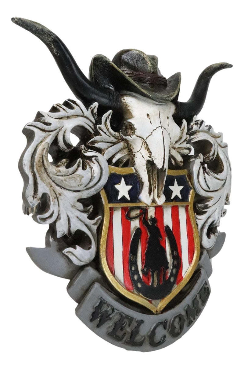 Rustic Western Patriotic Longhorn Cow Skull Cowboy Hat Welcome Wall Decor Plaque