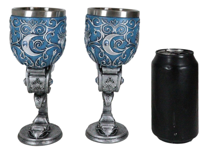 Set Of 2 Romantic Snow White Wolves Love Hex Heart Baroque Blue Wine Goblets