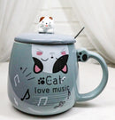 Grey Calico Cat Love Music Coffee Mug Cup With Spoon And Kitten Knob Lid 15oz