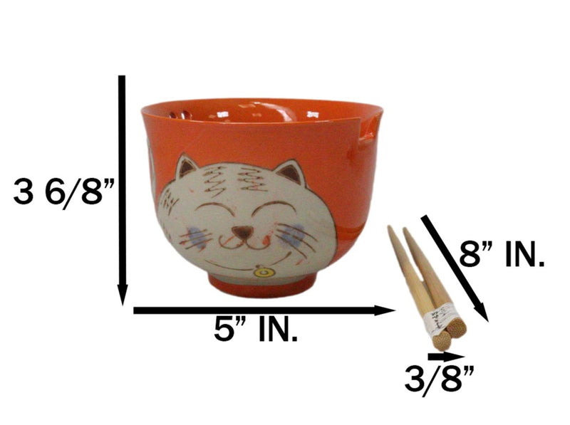 Orange Chubby Kitty Cat Ceramic Donburi Ramen Soup Bowl With Chopsticks Set