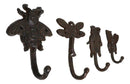 Cast Iron Rustic Bee Ladybug Butterfly and Dragonfly Bugs Wall Hooks Set Of 4