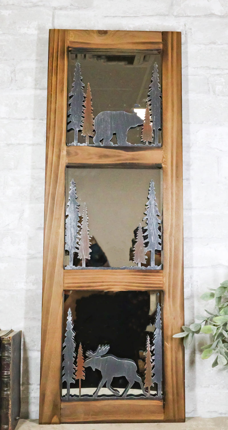 Large 30"H Western Rustic Bear And Moose In Pine Trees Forest Wooden Wall Mirror