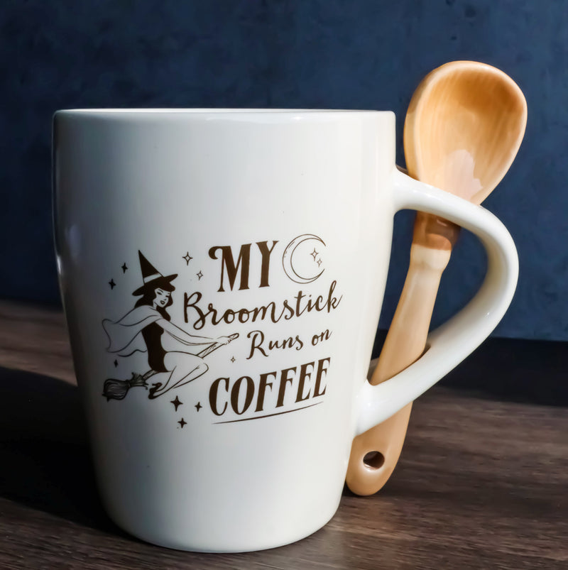 Wiccan Witch Sacred Moon My Broomstick Runs On Coffee Ceramic Mug And Spoon Set