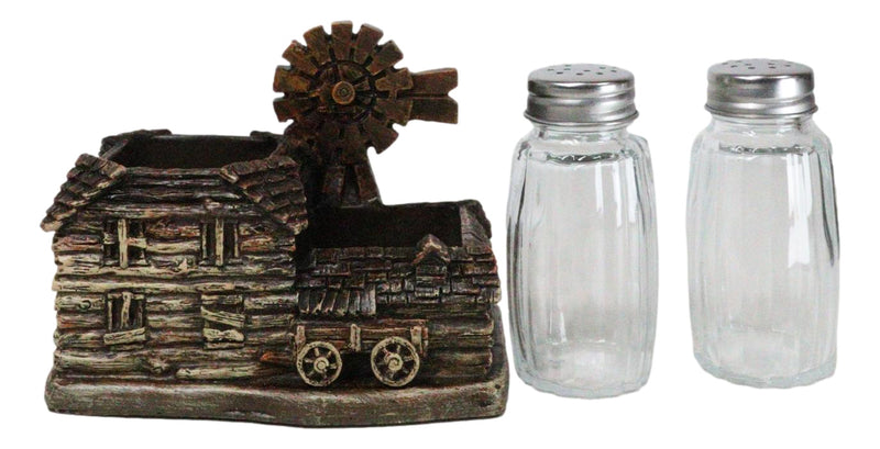 Western Farmhouse Barn With Windmill And Wagon Salt Pepper Shakers Holder Set