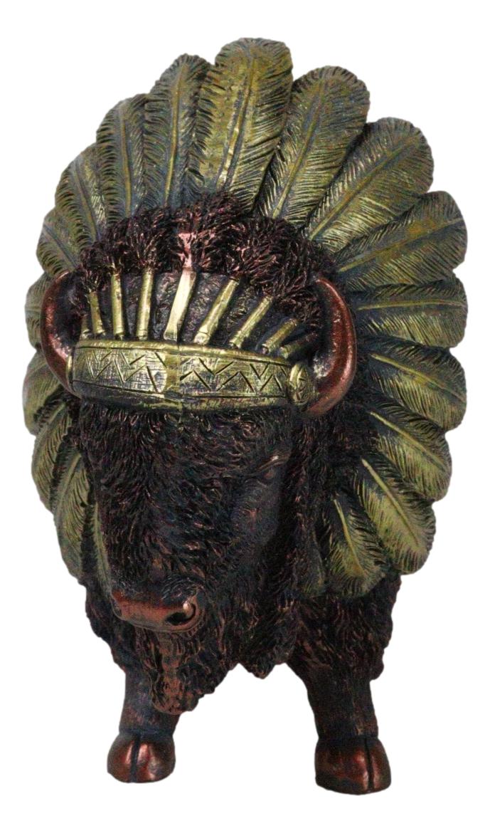 Bison Buffalo With Indian Chieftain Roach Headdress Decorative Figurine 12"L