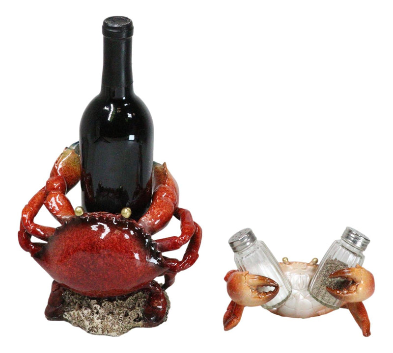 Set Of 2 Ocean Marine Stone Crab Wine Bottle And Salt Pepper Shakers Holders