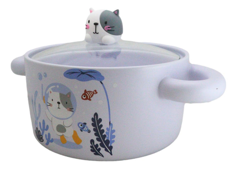 Ceramic Lilac Calico Cat Sea Diver 30oz Noodle Dessert Food Bowl W/ Glass Lid