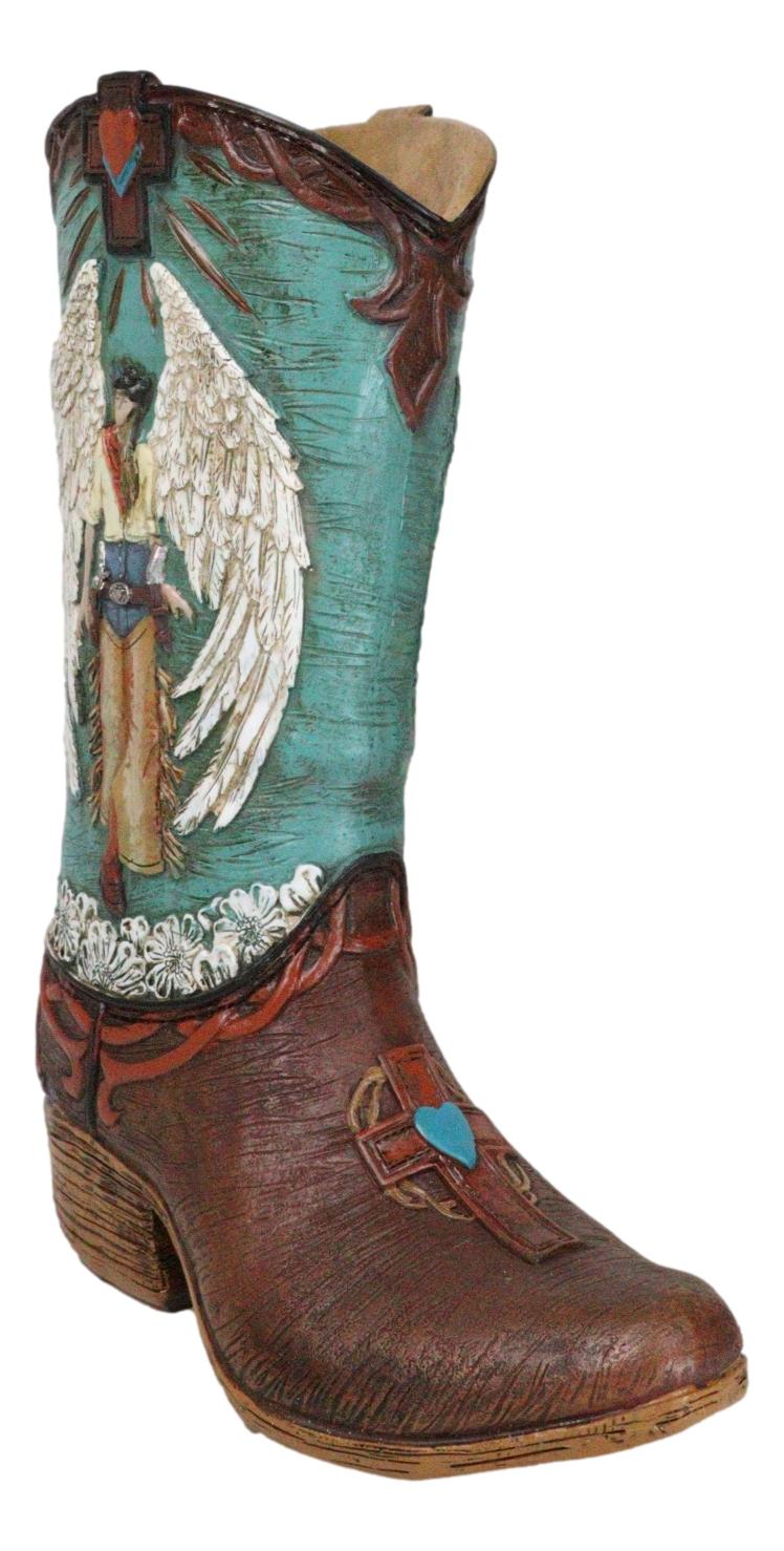 Western Turquoise Heart Cross Angel Winged Cowgirl Faux Leather Boot Vase Decor